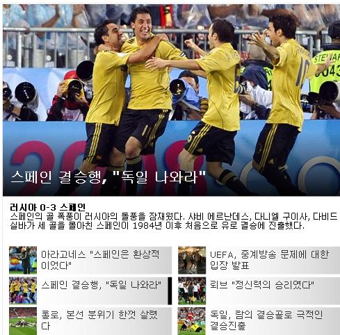 ↑스페인의 결승진출 소식을 알리는 유로2008 홈페이지
