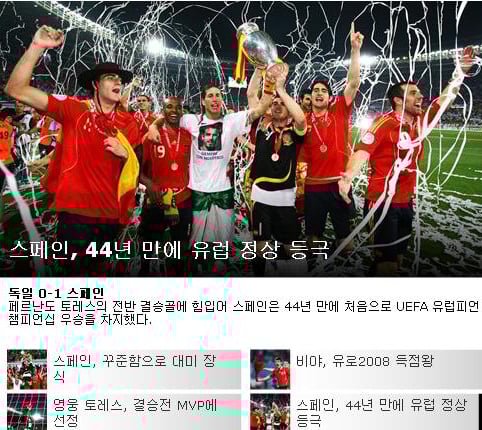 ↑스페인의 우승 소식을 전한 유로2008 한국어판 홈페이지