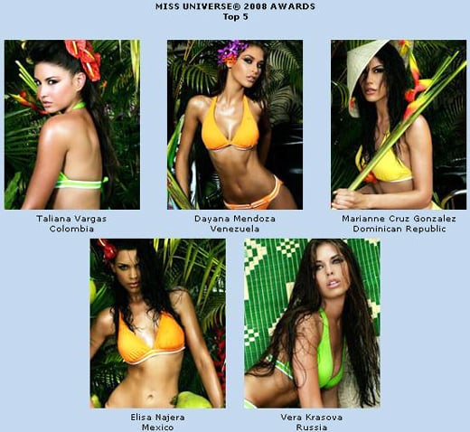 ↑제57회 미스유니버스 1위 미스 베네수엘라 다이아나 멘도사를 비롯한 '톱5' 입상자들. <사진제공=미스유니버스 홈페이지>