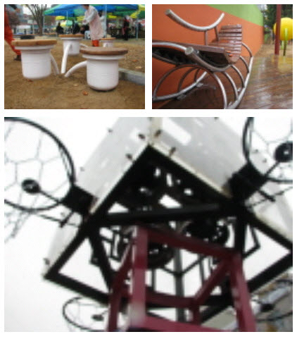 ↑ 지난 15일 경기 시흥시 신천동 삼미어린이공원에서 어린이들과 
노리단원(맨 왼쪽)이 함께 요구르트 병을 재활용한 악기를 입에 
물고 공원 이곳저곳을 거닐고 있다.