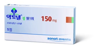↑ 월1회 복용하는 골다공증치료제 악토넬정
(성분명 리세드로네이트) 150mg