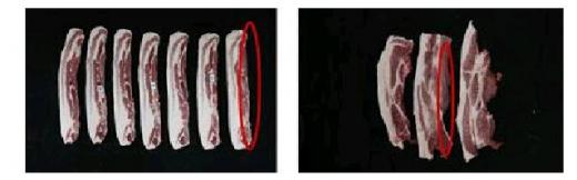 ▲삼겹살(좌)과 앞다리살(우):복부쪽면의 근막 유무