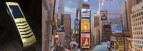 ↑ '오션스 13'에 등장했던 삼성 휴대폰(左)과 영화 '스파이더맨'에 우연히 노출된 삼성 전광판(右).