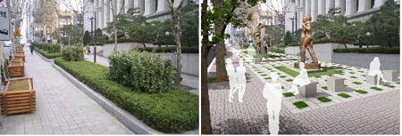 ↑ 노점상 방지화단(왼쪽)과 테헤란로변 거리미술관 정비 예시안 ⓒ서울시