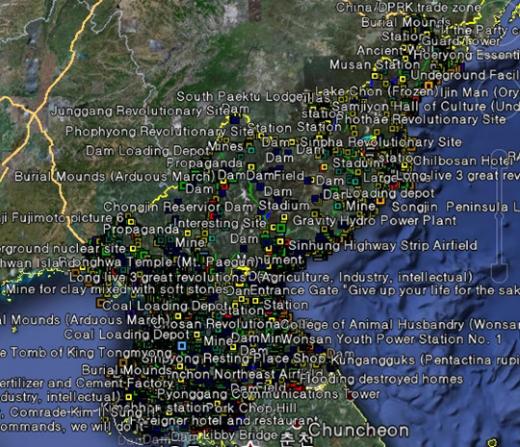 ↑커티스 멜빈이 표시한 북한의 주요 지역들 ⓒ구글 어스