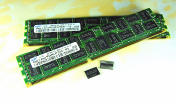 ↑삼성전자가 지난 7월 세계 최초로 양산을 시작한 40나노 2Gb DDR3 D램으로 제작한 서버용 8GB RDIMM 모듈.