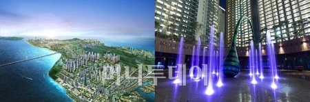 ↑영종하늘도시 조감도(왼쪽)와 고양 원당 e편한세상 단지 전경