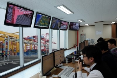 ↑부산 신항 터미널 통제실에서 직원들이 자동화 시스템 모니터를 보며 컨테이너 화물 출입/반입 이상유무를 살피고 있다.
