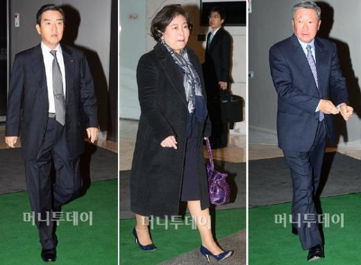 ↑왼쪽부터 김윤 삼양사 회장, 현정은 현대 회장, 구본무 LG회장.