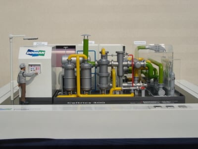 ↑화력발전소에서 발생하는 이산화탄소를 농축해 원료로 이용하는 플랜트 연계형 연료전지.