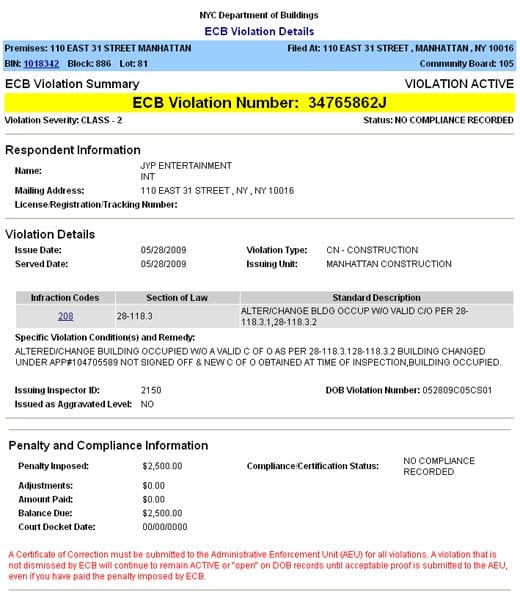 ↑ 무단 용도변경으로 인한 벌금 청구서 
ⓒ 뉴욕시 환경조정위원회 홈페이지