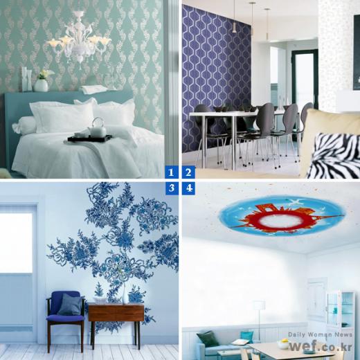 [1.시원한 민트와 앤틱한 실버패턴의 앙상블이 고급스러운 '헬레나'_대동벽지, 2.강렬한 군청색이 확실히 포인트가 될 '트릭 블루'_서울벽지, 3.지중해 느낌이 물씬 풍기는 '엔트'_YESOYA, 4. 벽에도 천장에도, 자꾸만 눈길이 가는 '꿈속여행'_YESOYA]