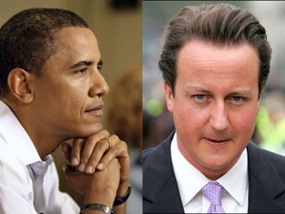 ↑버락 오바마 미국 대통령(사진 왼쪽)과 데이비드 캐머런 영국 총리.