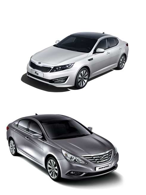 ↑기아차 'K5'(사진위)와 현대차 '쏘나타'