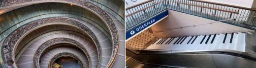 ↑ 세계적 관광명소가 된 바티칸박물관의 나선형 계단(왼쪽)과 스웨덴 오데플랜역의 피아노 계단