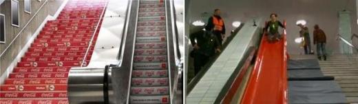 ↑ 광고판으로 이용되고 있는 계단. 왼쪽은 코카콜라 광고를 하고 있는 계단이고, 오른쪽은 폭스바겐이 베를린 중심부 알렉산더 광장역에 설치한 미끄럼틀 계단.