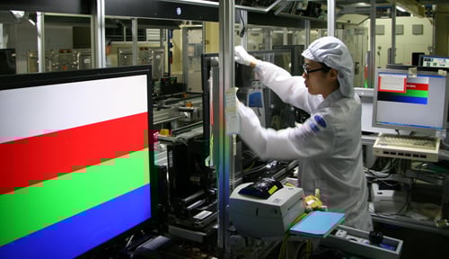 ↑LCD 모듈공장에서 생산직원들이 제품을 검수하고 있다.