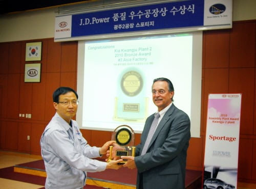 ↑기아자동차 광주2공장이 미국 최대 시장 조사업체인 J.D.파워사의 2010년 공장별 품질평가(2010 Assembly Plant Quality Award)에서 한국 최초로 품질우수공장상 동상을 수상했다. 사진은 28일 테리 커텀(Terry Kortum) J.D.파워사 상무가 고재용 기아차 광주2공장장에게 품질우수공장상 동상 상패를 전달하고 있는 모습.