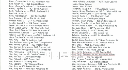 ↑데이브가 제시한 91년 브라운대학교 입학생 앨범(입학생 명단)