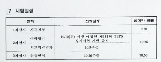 박영선 대외협력국장이 팩스로 보낸 외교통상부 특별채용시험 공고문(2009년 시험일정)