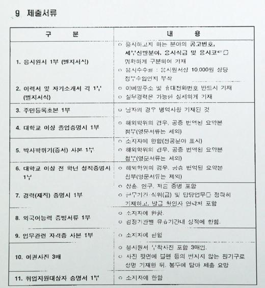박영선 대외협력국장이 팩스로 보낸 외교통상부 특별채용시험 공고문(2009년 제출서류)