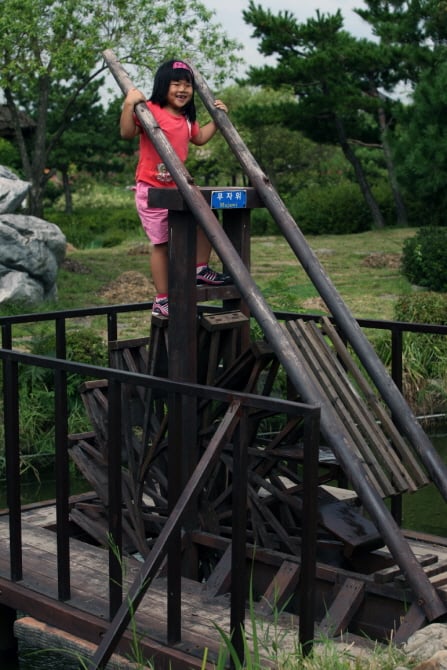 ▲김제 지평선 축제 중 무자위를 직접 밟아 보는 아이의 모습