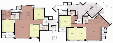 ↑ '흑석센트레빌2'의 84A(왼쪽)과 84B형 평면도. 이 주택형은 바로 옆에 붙어있지만 내부구조가 전혀 다르다.