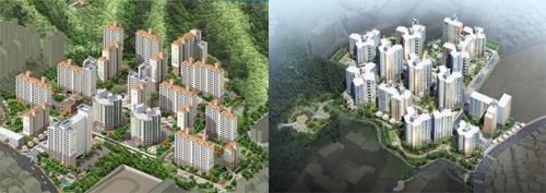 ↑ '흑석센트레빌2'의 과거 조감도(왼쪽)와 서울시 건축심의 후 변경된 최종 조감도. 일자형 성냥갑식 아파트는 옆집 구조가 비슷하지만 타워형과 판상형이 고루 섞이면 같은 동 안에서도 여러가지 주택형을 넣을 수 있다.