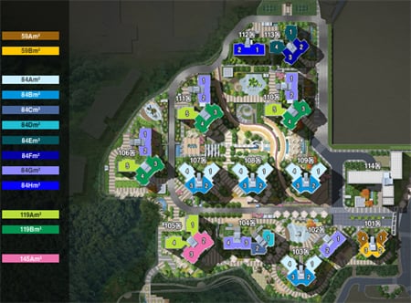 ↑ '흑석센트레빌'의 동호수 배치도. 전용 84㎡의 경우 총 8가지 주택형으로 나뉘며 같은 동에 전혀 다른 구조의 주택형이 들어선다.