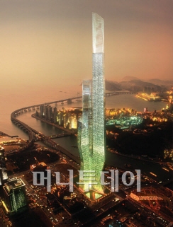 ↑ 부산 해운대구에 세워질 예정인 108층(450m) 규모의 솔로몬타워 월드비즈니스센터(WBC) 건물 조감도