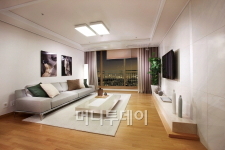 ↑명지 두산위브포세이돈 84㎡형 거실.