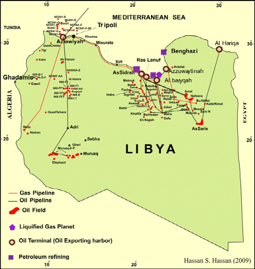 ▲리비아 유전과 파이프라인 분포ⓒhttp://sepmstrata.org/