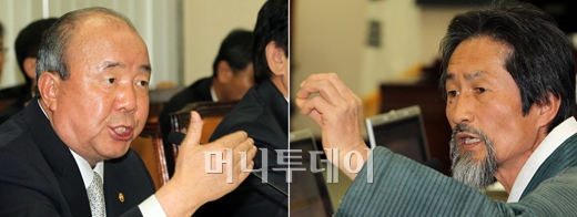 ↑ 정종환 국토해양부 장관(왼쪽)과 강기갑 민주노동당 의원(유동일 기자)