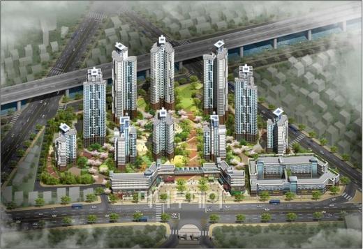 ↑고대앞 캠퍼스 타운 조감도. 아파트와 연도형 상가, 기숙사가 어우러진 새로운 재개발 모델이다.