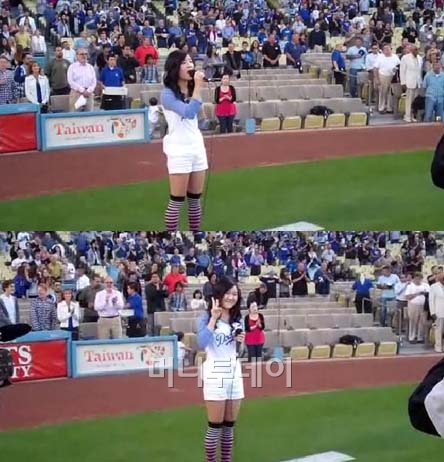 ↑5월 27일 미국 LA다저스 스타디움에서 미국 국가를 열창하는 메건 리 영상 캡처