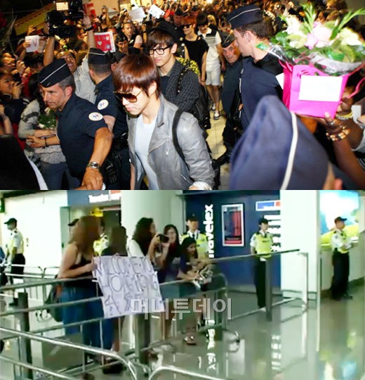 파리 샤를드골 국제공항에서 현지 팬들의 열렬한 환호를 받고 있는 동방신기 등 SM 소속 가수들(위)과 홍콩 국제공항에서 저스틴 비버를 기다리고 있는 팬 7명의 모습(아래) (사진=SM엔터테인먼트 제공, 유튜브 영상 캡처)