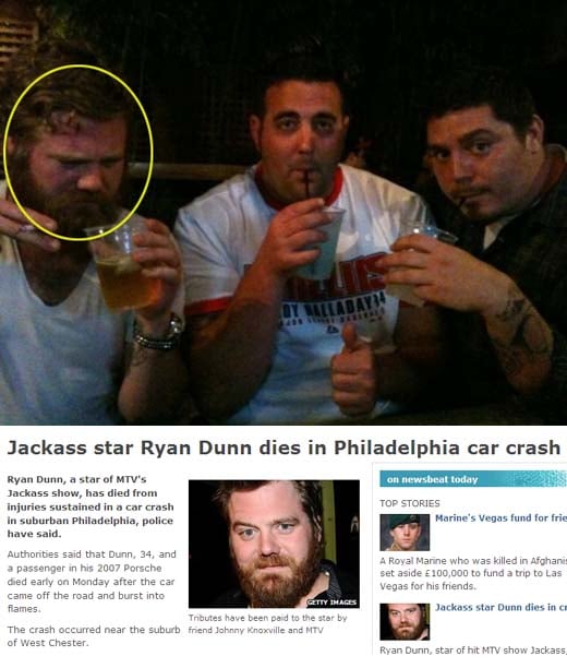 ↑교통사고 사망 몇 시간 전 라이언 던의 트위터에 올라온 사진(위), 외신보도된 라이언 던 부고 캡처