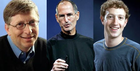 ↑대학을 중퇴했지만 성공한 사업가가 된 빌 게이츠, 스티브 잡스, 마크 주커버그(사진 왼쪽부터).