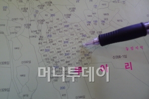 ↑강원도 평창군 봉평면 흥정리 일대 토지. 수년전 기획부동산들이 토지를 매입, 분할한 뒤 비싸게 팔았다. 토지가 자를 대고 그은 듯 반듯하게 분할돼 있다.