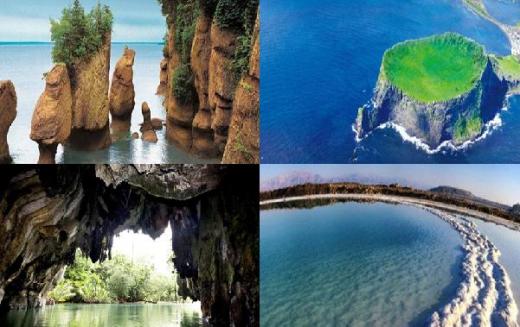'세계 7대 자연경관' 후보지 펀디 만(캐나다), 제주도(대한민국), 사해(이스라엘), 푸에르토 프린세사 지하강(필리핀) (왼쪽 위부터 시계방향) (출처=N7W 홈페이지)