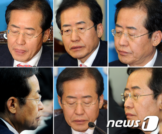 유승민, 원희룡, 남경필 한나라당 최고위원 3명이 전격 동반 사퇴한 7일 오전 서울 여의도 한나라당사에서 홍준표 대표가 자신의 거취를 표명하는 기자회견을 열고 있다.  News1 허경 기자