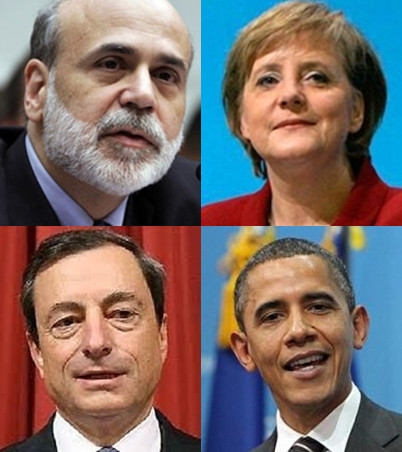 ↑증시전문가를 대상으로 한 해외 증시 영향력 설문조사에서 벤 버냉키 미국 연방준비제도이사회(FRB·연준) 의장(왼쪽 위)은 1위를 차지했다. 앙겔라 메르켈 독일 총리(오른쪽 위)는 2위, 마리오 드라기 유럽중앙은행 총재(왼쪽 아래)는 3위, 버락 오바마 미국 대통령은 4위에 올랐다.