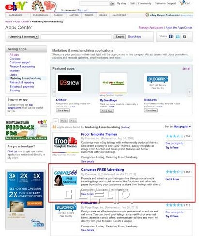 <eBay.com 내에서의 Application인 Canvasee Free Advertising>