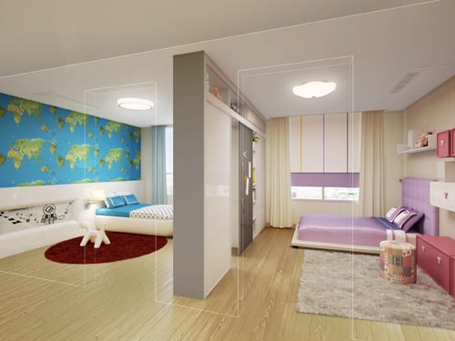 ↑트랜스폼 평면인 스마트 핏(smart fit) 중 초중등 성장기 자녀를 둔 40대를 위한 골드(Gold) 타입. 무빙 퍼니쳐(가운데)를 움직여 양쪽 방의 크기를 조정하거나 하나의 공간으로 오픈 해 활용할 수 있다. ⓒ한화건설