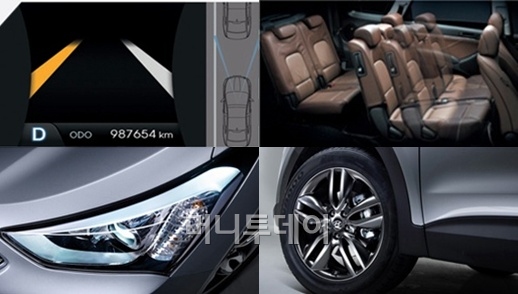 ↑(사진위 왼쪽부터 시계방향)신형 싼타페에 적용된 차선이탈경고시스템과 2열시트 슬라이딩, 19인치 알루미늄 휠, LED포지셔닝 램프