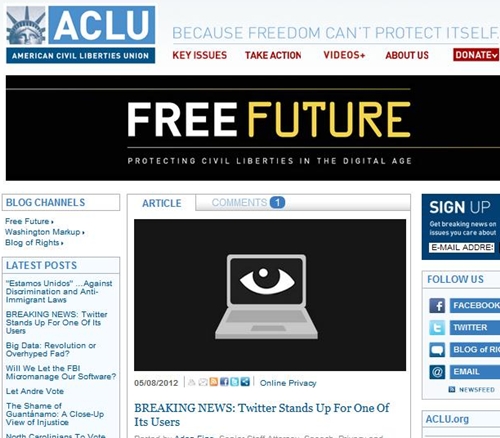 트위터 본사의 무효소송 제기 소식을 전하는 미국시민자유연맹(ACLU) 홈페이지 캡처화면