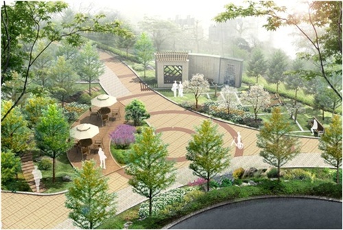 ↑SK건설이 개나리5차 아파트를 재건축해 지은 '개나리SK뷰' 조감도. 전체 대지면적의 40%를 녹지공간으로 조성한 점이 눈에 띈다.ⓒ자료 제공=SK건설