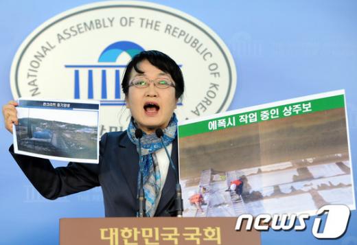 민주당 김진애 의원이 지난해 11월28일 오후 서울 여의도 국회 정론관에서 기자회견을 갖고 구미보 수문 하류 방향으로 만들어진 두개의 콘크리트 구조물 가운데 좌측 날개벽 이음새에서 균열이 발생, 세굴로 인해 구조물이 침하 중이라며 현장 사진을 공개하고 있다./뉴스1(news1.kr)=박정호 기자