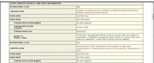 ↑삼성전자가 미국특허청에 출원한 상표등록문서. 상표가 적용될 제품 내용에 '차량과 스마트폰 사이의 데이터 및 정보 전송을 위한 소프트웨어'라고 표기했다.