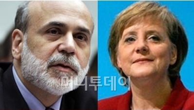 ↑왼쪽 밴 버냉키 미 연방준비제도이사회(FRB) 의장, 오른쪽 앙겔라 메르켈 독일 총리